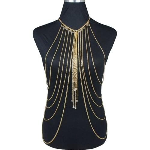 Gold Body Necklace Chain Bikini Beach Crystal Harness Jacket Tassel Belly Bodychain Statement Necklace bijoux Layered Jewelry
