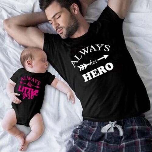 1 Pcs Always Her Hero and Always His Little Girl Print Dad and Daughter T-shirt Short Sleeve Summer Family Tees Matching Clothes