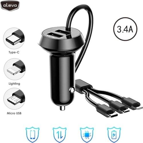3.4A Dual USB Fast Car Charger Adapter 5V One For Three Belt Line Lightning Micro USB Type-C Handsfree Car Mobile Phone Charger