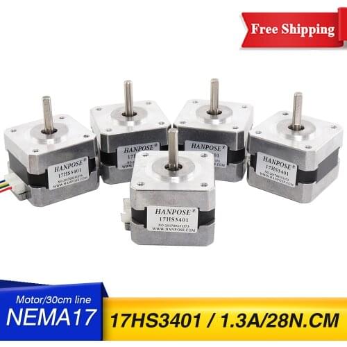 Free Shipping 5pcs Nema17 17HS3401 4-lead Nema 17 Stepper Motor 42 motor 42BYGH 1.3A CE ROSH ISO CNC Laser Grind Foam Plasma Cut