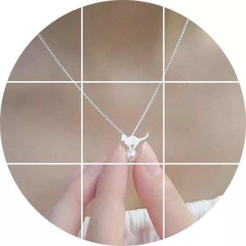 Free shipping ! S925 Silver Imitation pearls Cat Necklace Simple Kitty Necklaces & Pendants For Women Silver Jewelry