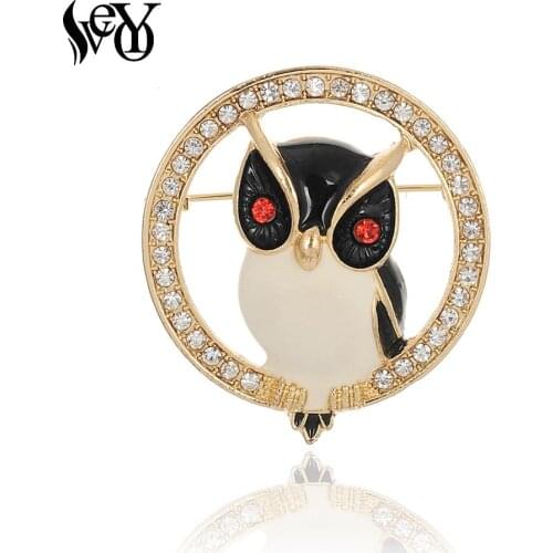 VEYO Round Full Rhinestone Brooches Owl Enamel Pins Lapel Pin Bags Badge Gift