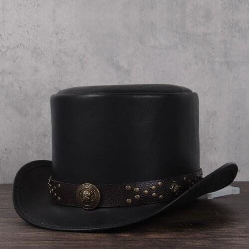 Women Men Leather Top Hat President Traditional Fedoras Hat Magician Steampunk Cosplay Party Caps 3Size 13CM