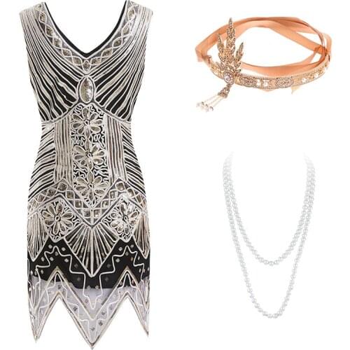 Gatsby Dress 1920s Flapper Dress Roaring 20s Costume Fringe Sequin Beaded Gold Dress and Art Deco Accessories(s-XXL)