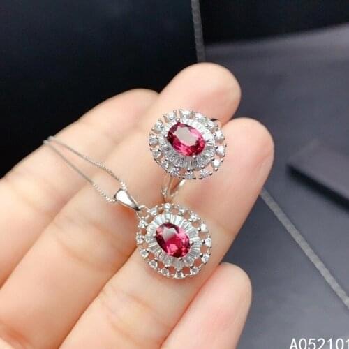 KJJEAXCMY Fine Jewelry 925 sterling silver inlaid natural Garnet girl lovely necklace pendant ring set support test hot selling