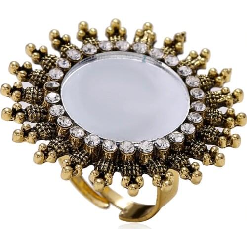 Vintage Tibet Boho gold color Metal Big Mirror Rings Adjustable For Women Party Antique Gold Big Round Carved Flower Rings Gypsy