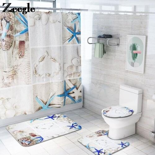 Starfish Bath Mat and Shower Curtain Set Microfiber Toilet Floor Mat Non Slip Absorbent Bathroom Mat Shower Foot Mat
