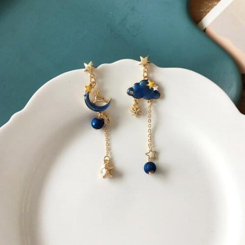 Dreamy and beautiful star and moon asymmetrical earrings cute blue cloud long tassel earrings