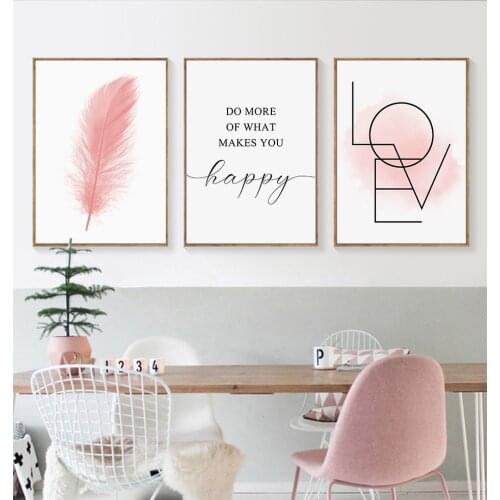 Minimalist Pink Feather Love Letter Happy Quotes Canvas Painting Wall Art Print Poster Pictures Living Room Home Interior Decor