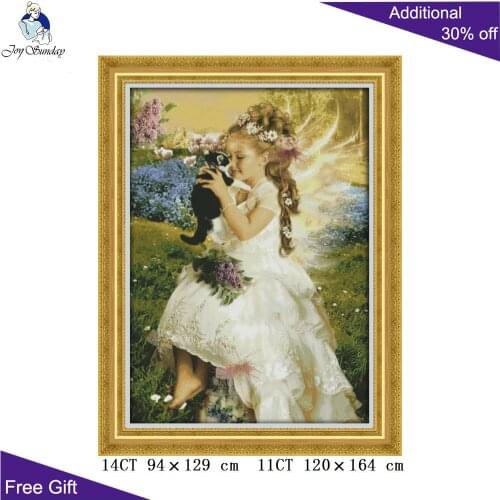 Joy Sunday Holding Cat Girl Home Decoration R955 14CT 11CT Counted and Stamped The Girl Holding the Cat Cross Stitch kits