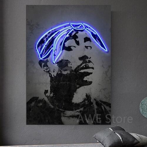 Tupac Shakur Wall Art Poster Neon creative 2PAC Print Canvas Painting Hip Hop Rapper King Wall Picture Home Decoration No Led