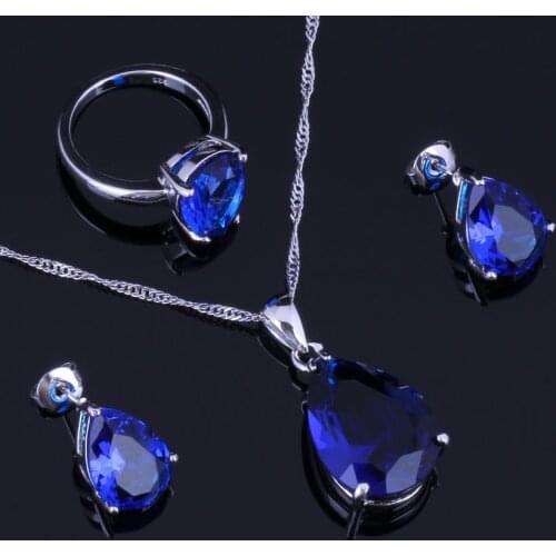 Pleasant Water Drop Blue Cubic Zirconia Silver Plated Jewelry Sets Earrings Pendant Chain Ring V0960