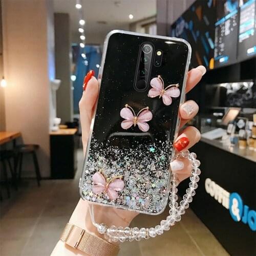 Ultra-thin Cute Bling Glitter Lanyard Silicone Phone Case For Xiaomi Redmi Note 9 8 7 Mi 11 10 9 T 8 Lite Pro Luxury Rope Cover