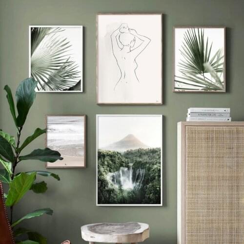 Waterfall Green Palm Leaves Calm Beach Bird Nordic Poster Wall Art Print Canvas Painting Decoration Picture For Living Room