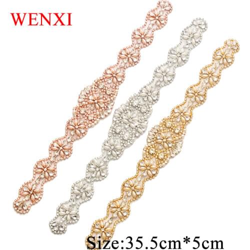 WENXI (10pcs) Wholesale Clear Rose Gold Crystal trin Rhinestone Appliques Pearls Sew On For Wedding Dress Belt Accessory WX806