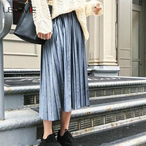 High Waist Skirt Velvet Fashion Sexy Pleated Casual Solid Color Temperament Elegant Mid-length Comfort Loose Plus Size Skirt