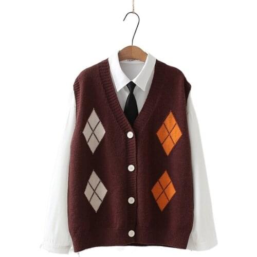 Argyle Jacquard Women Sweater Vest 2021 Winter Warm Preppy Knit Pullover Sleeveless Single-breasted Korean Fashion Jumpers Tops