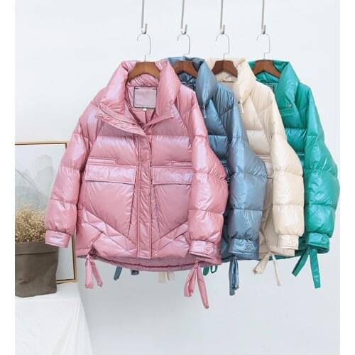 White Duck Down Jacket Women 2020 New Fashion Shiny Cotton Clothing Solid Short Jacket Thicke Warm Winter Coat Female Parka H320
