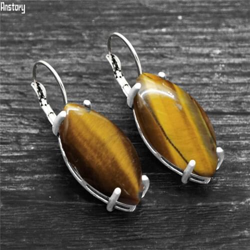 Vintage Eye Shape Natural Tiger Eye Claw Earrings For Women Antique Silver Plated Natural Stone Big Fashion Cuff Earring