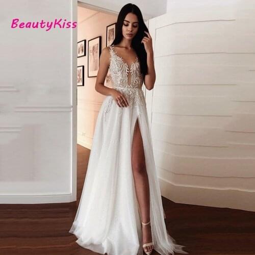 Boho Lace Wedding Dress Sexy V-Neck Appliques Bride Dresses Side Split Vestido De Novia Custom Made