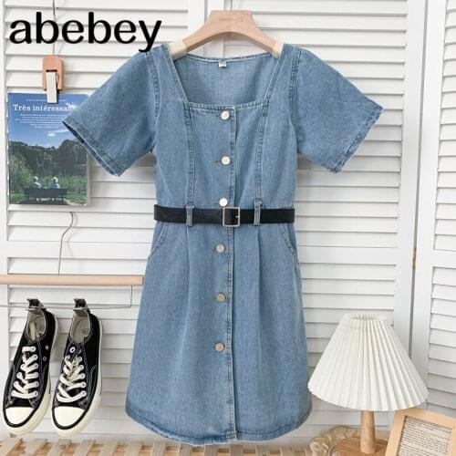 Vintage square collar short sleeve Dress high waist lace up waist single breasted A-line denim Dress 2021 New Summer Women
