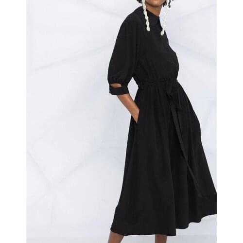 2021 New Fashion 10.24 Doll Collar Lantern Sleeve Pearl Hollow Out Decoration Temperament With Belt Midi Dress Women