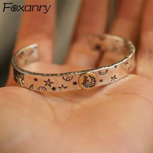 Foxanry 925 Sterling Silver Smiley Face Bracelet Thai Silver Jewelry INS Fashion Vintage Punk Hiphop Party Accessories Gifts