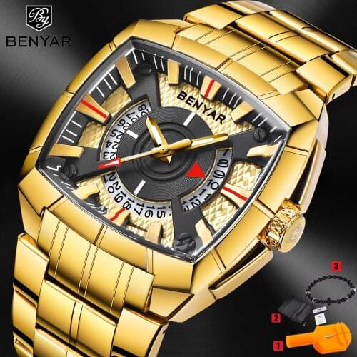 2019 New BENYAR Luxury Brand Mens Sport Watch Gold Full Steel Quartz Watches Men Waterproof Military Clock Man Relogio Masculino