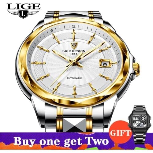 LIGE New Mechanical Watch Men Personality Gold Fashion Tungsten Steel Business Men Watch 50M Waterproof Automatic Watch Man+Box