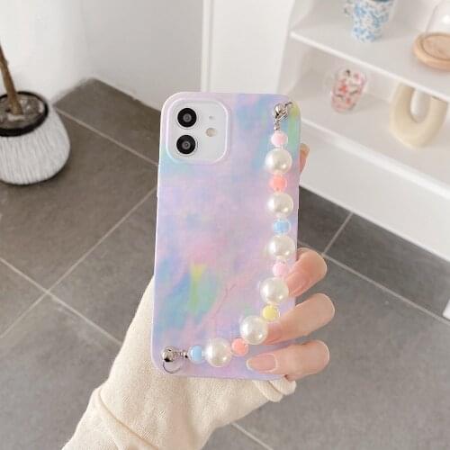 Purple Green Marble Colorful Bead Chain Glossy IMD Phone Cases for iphone 12 Pro Max 11 X XS XR 7 8 Plus Bracelet Soft Shell