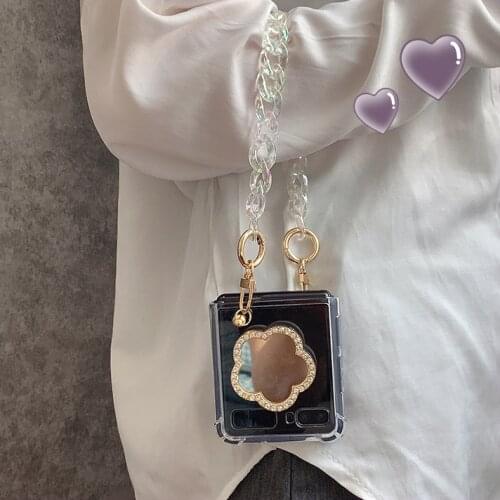 Portable Laser Hand Chain Case Cover For Samsung Z Flip 5G 4G 3 Folding Flower Stand Holder Shockproof Clear Phone Funda Para