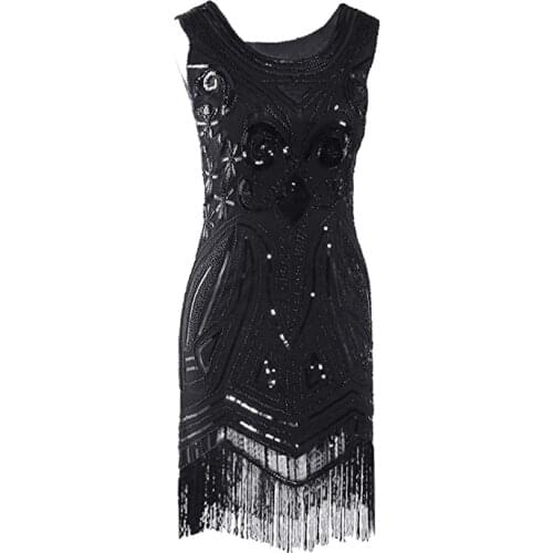 Black 1920s Vintage Sequin Cocktail Party Fringed Dress 20s Great Gatsby Flapper Dress Gabster Fancy Costumes Latin Dance Dress