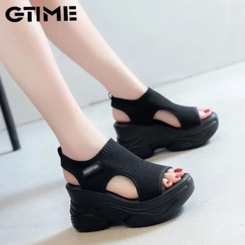 Black Stretch Fabric Platform Heighten Shoes9CM Fashion Hollow Out Peep Toe Wedges Gladiator Sandals Retro Casual #SJPAE-313