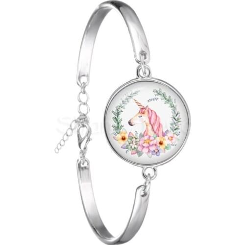 Unicorn Kawaii Horses 18mm Glass Cabochon Bracelet Jewely Gift For Kids Silver Planted Flower Garland Panter Animal Bangle