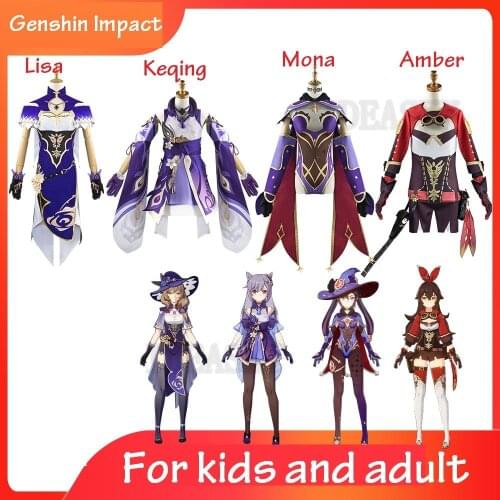 Genshin Impact Lisa Keqing Amber Mona Cosplay Costume Elegant Halloween Party Dress Anime Game Suit Set Women Girls kids child