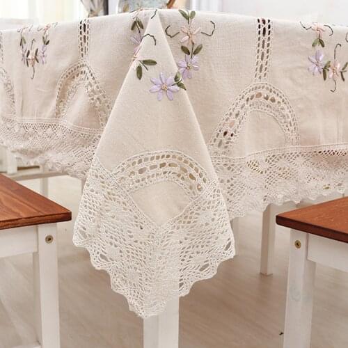 Cotton Linen Classica Tablecloth Hand Crocheted Embroidered Lace Hem European Style Cover Washable Table Cloth for Tea Table