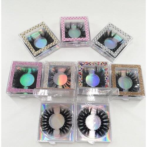 Custom Logo 25mm 5D False Eyelashes with Bling Glitter Pearl Rhinestone Square Eye Lash Box