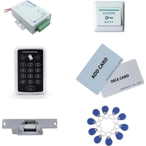 Access control kit,standalone access control+ power+ strike lock +exit button+2pcs manage card, 10 keyfob ID tags,sn:set-1