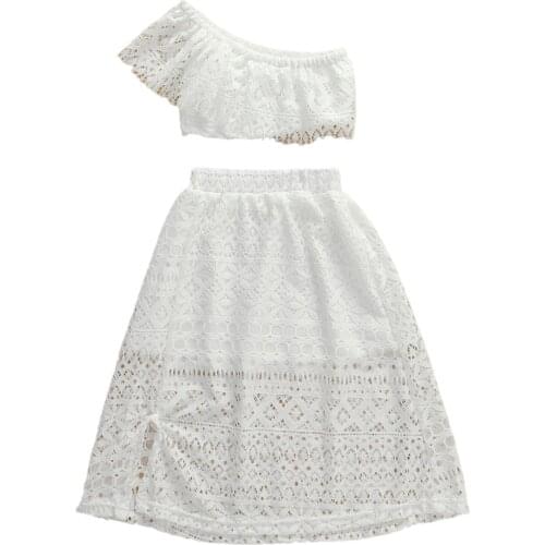 1-6 Infant Kids Baby Girls Clothes Sets Lace Flowers Off Shoulder Tops+Ruffles Skirts Outfit Clothing
