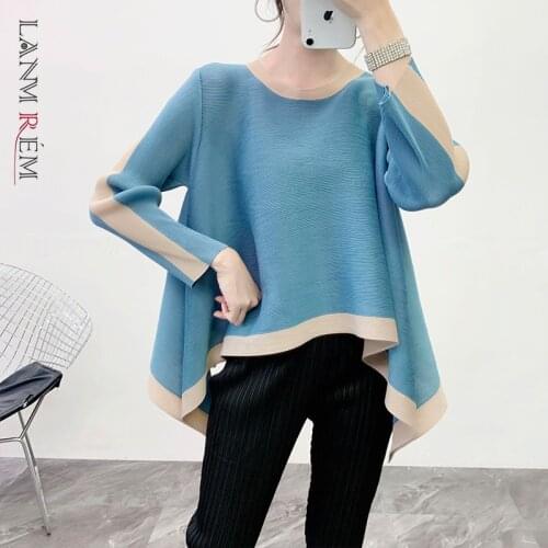LANMREM Large Size Pleated T-shirt Famale 2021 Round Collar Color Block Hem Long Sleeve Fold Tops Irregular Big Swing Tops YJ745