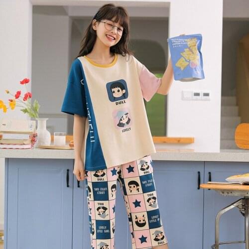 Summer Thin Cotton Short Sleeve Womens Sleepwear Japan and South Korea Girls Casual Pants Suit Leisure Tops Plus Size Lingere