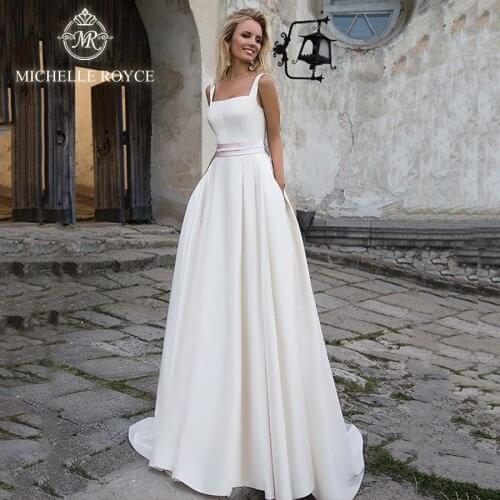 Michelle Royce A-Ling Wedding Dress 2020 Elegant Satin Simple Square Backless Gown Luxury Princess Bride Gown Vestido De Noiva