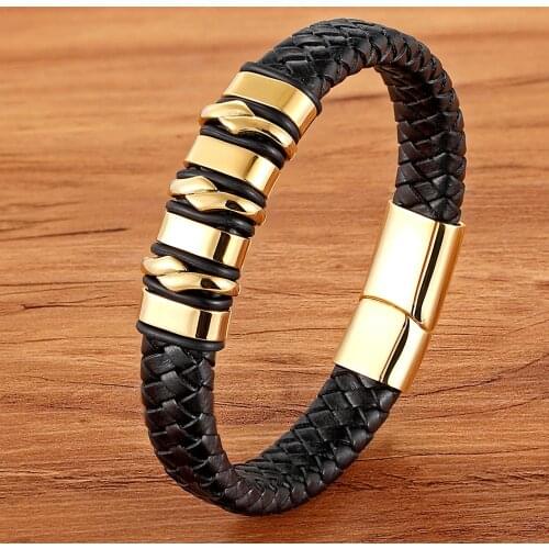 XQNI 2018 New Design Genuine Leather Bracelets For Men Geometric Stitching Gold Color High Quality For Birthday Party Gift