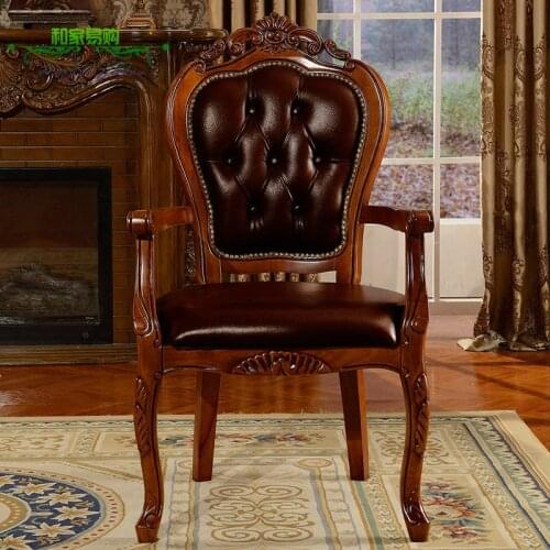 European Style Solid Wood Dining Chair Antique American Leisure Chair Leather Pull Buckle Dining Chair Leather Chair Hotel Coffe