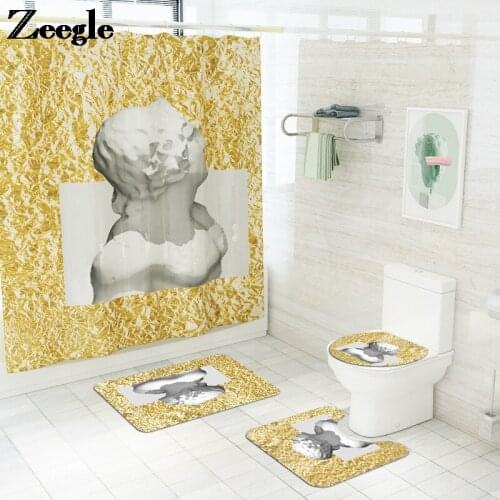 Plaster David Head Home Decor Bath Mat Shower Curtain Set Toilet U-shaped Foot Mat Anti-slip Bathroom Carpet Set