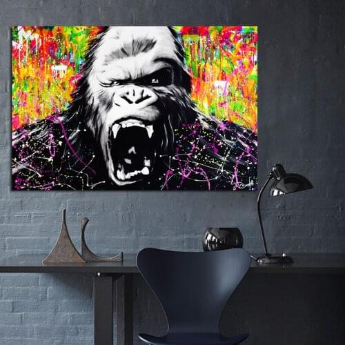 Modern Animal Canvas Painting Purple Colored Roaring Orangutan Large Size Wall Art Poster Canvas for Home Decor