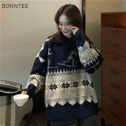 Sweaters Women Navy Knitting Long Sleeve Vintage Autumn Warm All-match Pullovers Outerwear Loose Ladies Clothes Design Harajuku