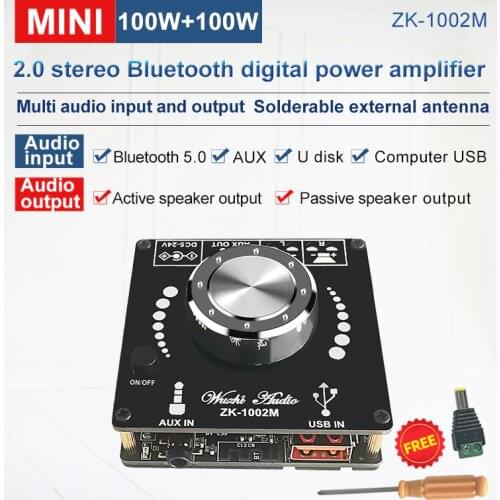 100W+100W Audio Power Amplifier Bluetooth 5.0 Wireless Digital Class D 20W~200W HiFi Stereo 2.0 Channel Music USB Sound Card AMP