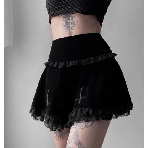 Grungy Skirt Goth Black Skirt Vintage Lace Trim A Line Mini Skirt Gothic Grunge Y2K High Waist Ruffle Summer Skirt Women 2021
