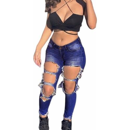 Ladies high street ripped jeans American net red boyfriend tight ripped pencil-leg jeans high quality